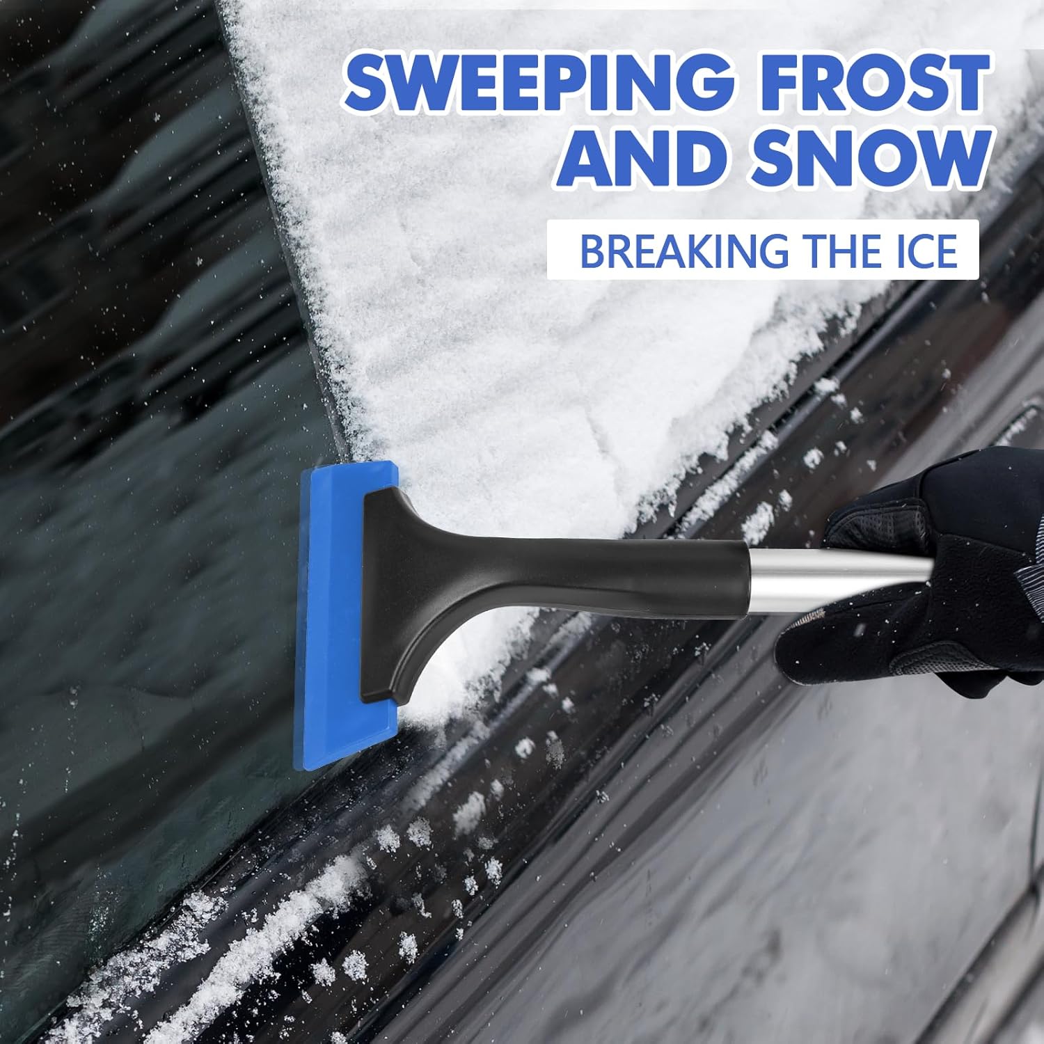 Hovom Ice Scraper for Car Windshield Window. Scratch Free Silicone Ice Snow Scraper for Cars Trucks. Frost Snow Removal Tool with Ergonomic Foam Grip & Aluminum Handle. Winter Car Accessories (Blue)